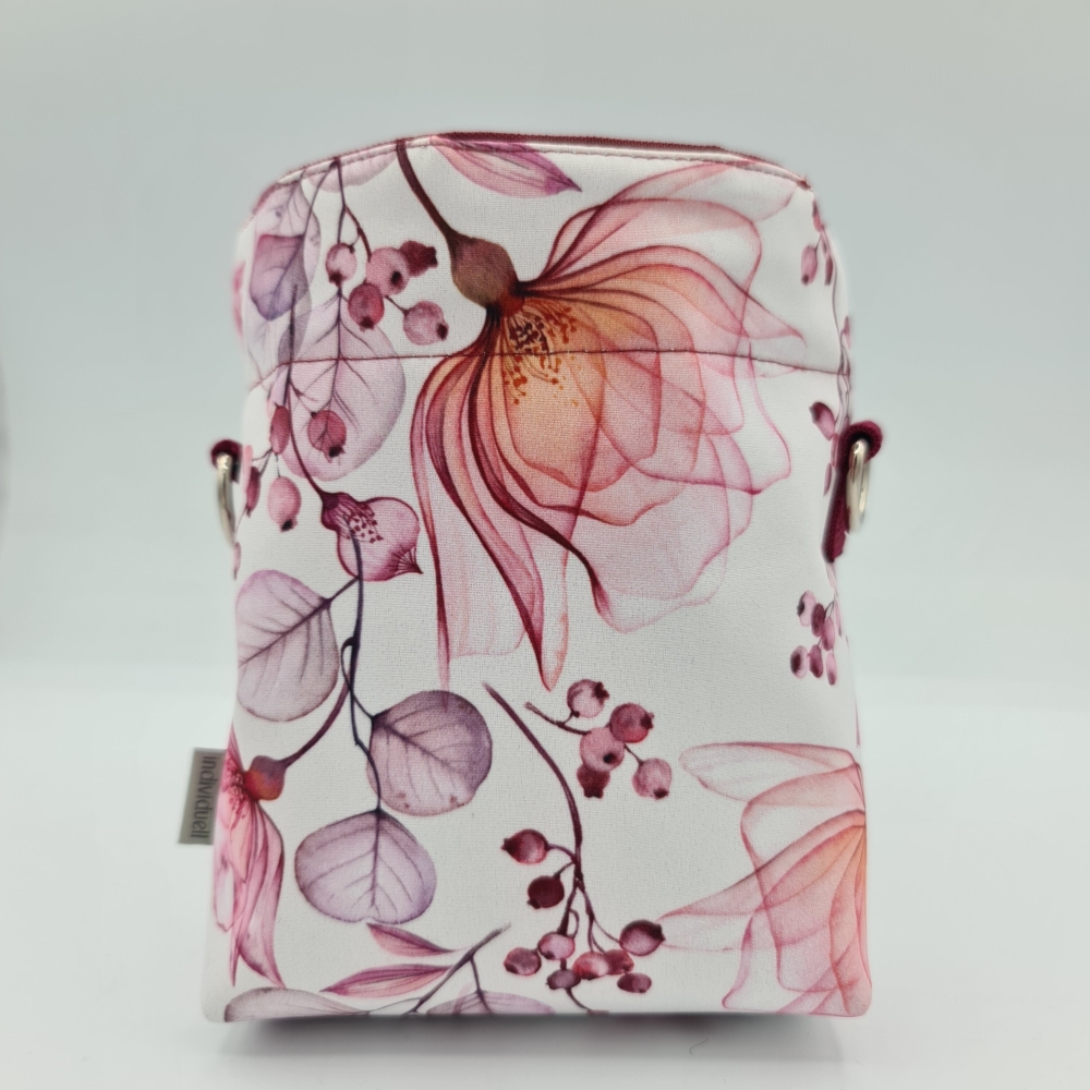 Futterbeutel zum umhängen weiß-bordeaux-rosa Blüten